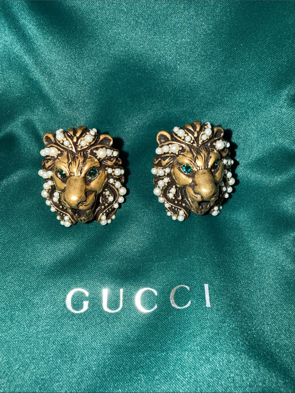 Gucci Gold Lion Head Clip On Earrings with Green Stone Eyes and Pearl Trim